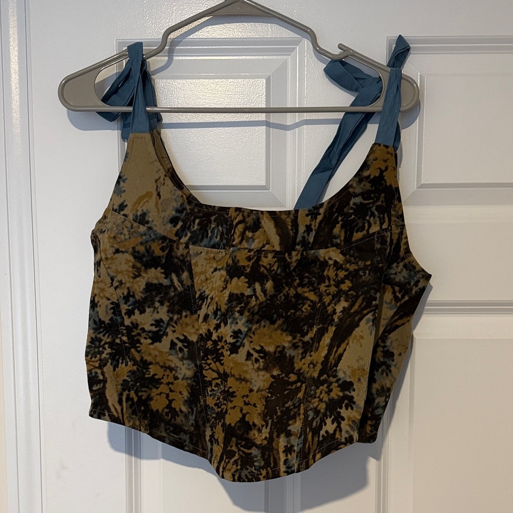 Tie-Strap Floral Velvet Crop Top - Blue and Brown